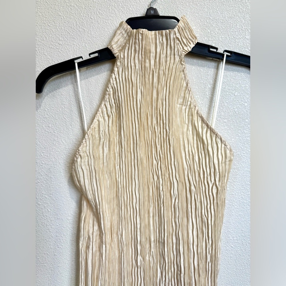 ZARA Pleated Halter Top Asymmetrical Cream Textured Blouse Size S Boho Chic - Picture 7 of 8